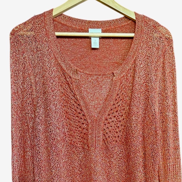 Chico's Rusty Orange Knit Bell Sleeve Layered V-neck Sweater Sz 12 - Picture 2 of 8